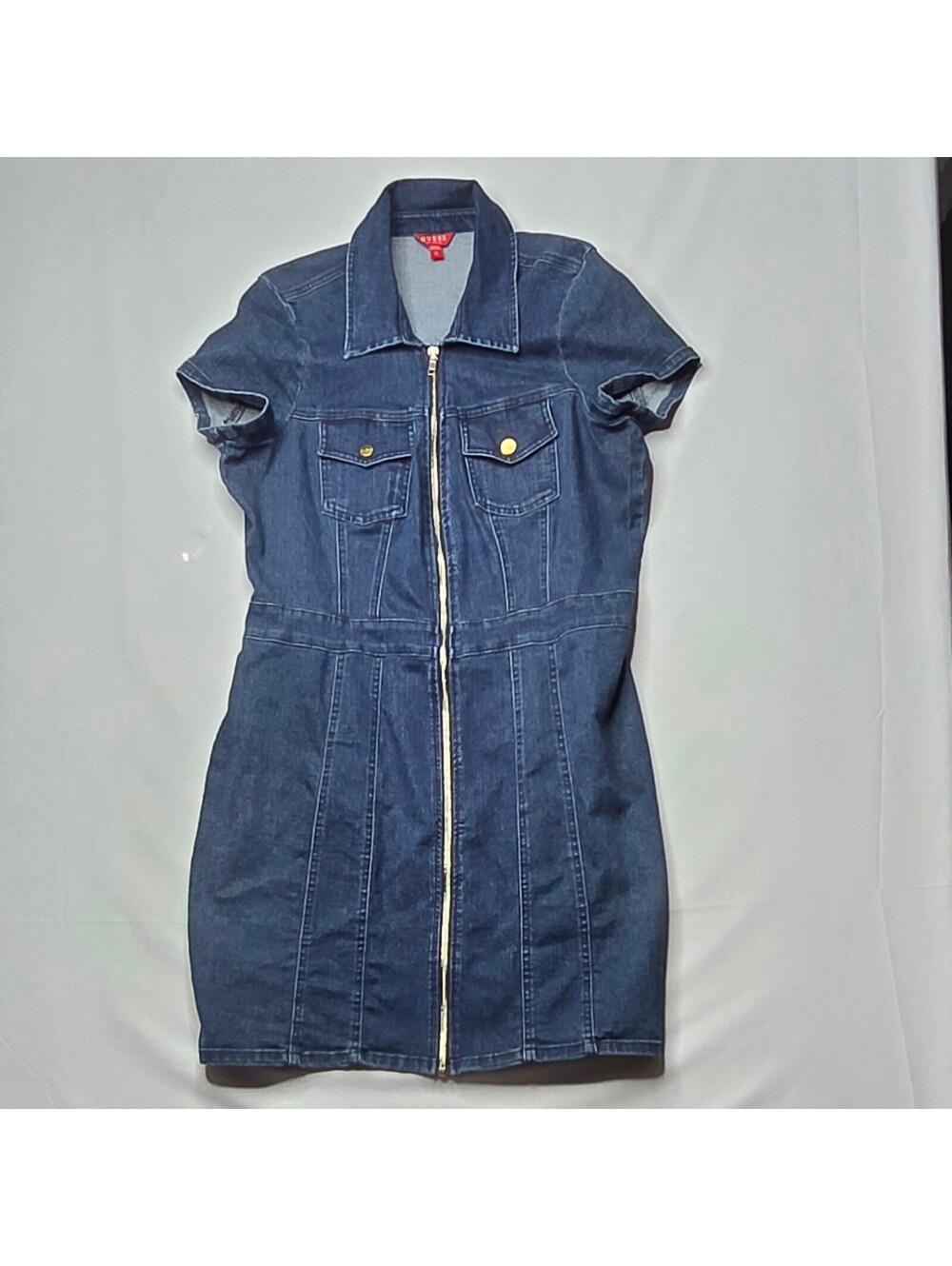 GUESS Denim Zip Front Short Sleeve Mini Dress Dark Wash Size XL